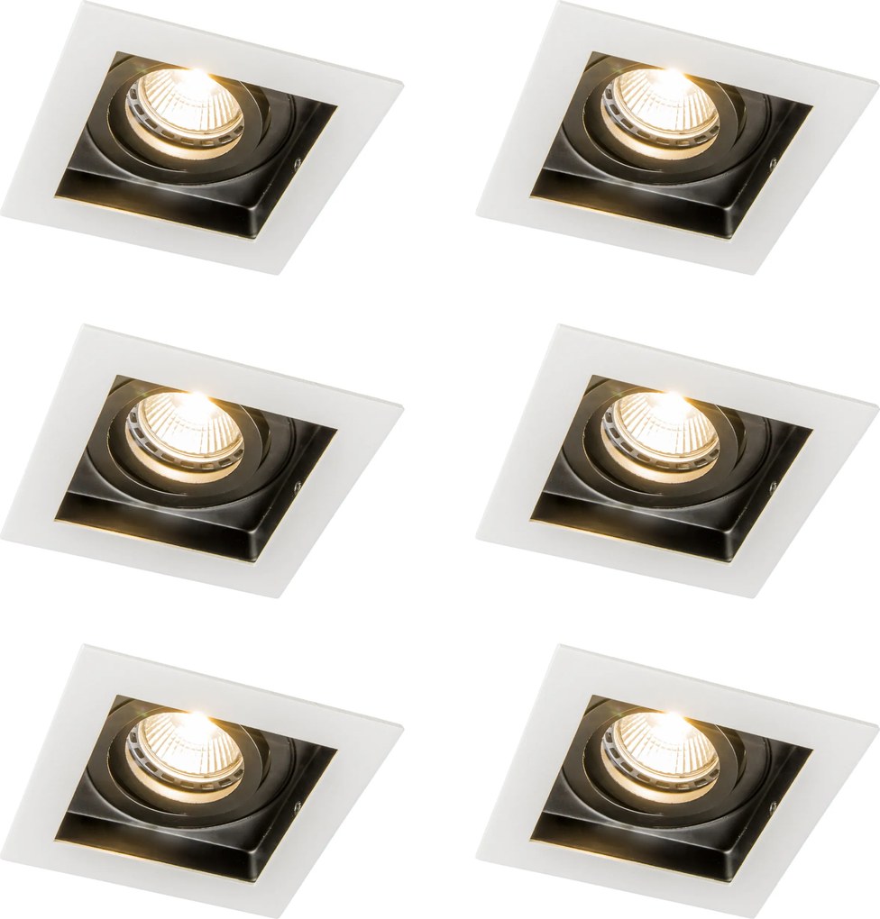 Set van 6 moderne inbouwspots wit met zwart verstelbaar - Carree