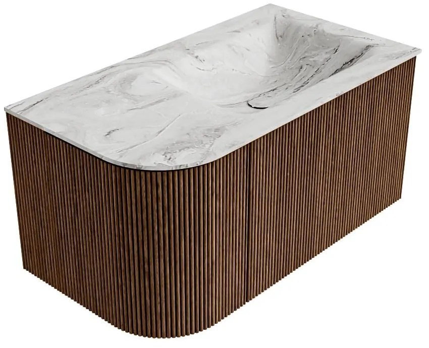 Mondiaz Kurve-dlux 85cm badmeubel ronding links walnut met 1 lade en deur en wastafel cloud rechts zonder kraangat glace