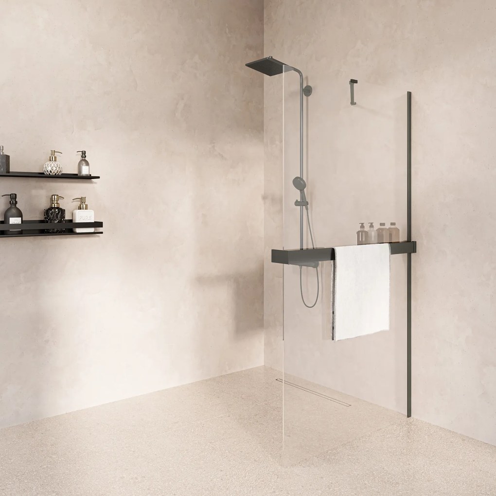 Saniclear Oblique inloopdouche 100cm met handdoekhouder en helder glas verouderd ijzer - gunmetal