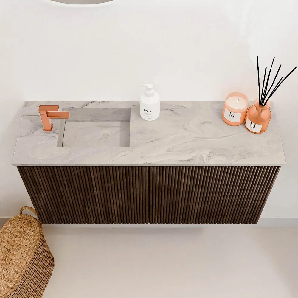 Mondiaz Joya DLux 80cm toiletmeubel walnut met wastafel faye links 1 kraangat glace