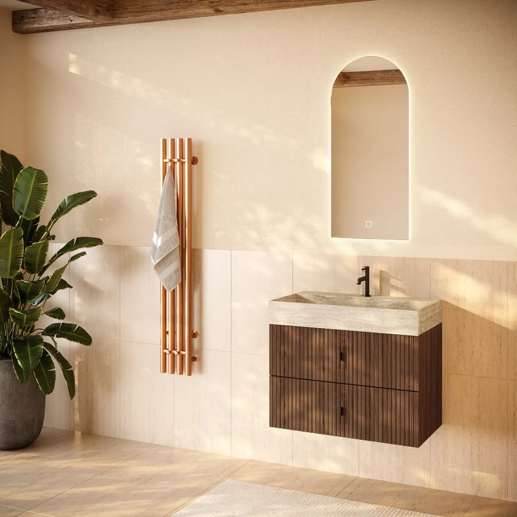 Muebles Murcia badmeubel ribbelfront 80cm walnoot met White Travertin wastafel met kraangat