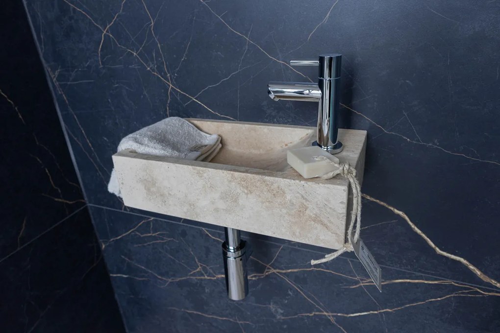 Saniclear White Travertin fonteinset met rechte kraan in chroom