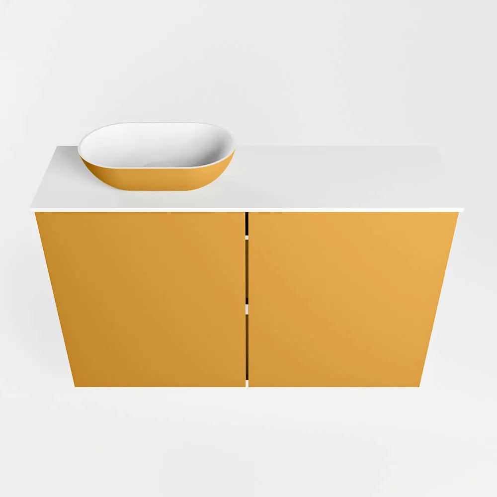 Mondiaz Fowy toiletmeubel 80cm ocher met gele waskom links en kraangat