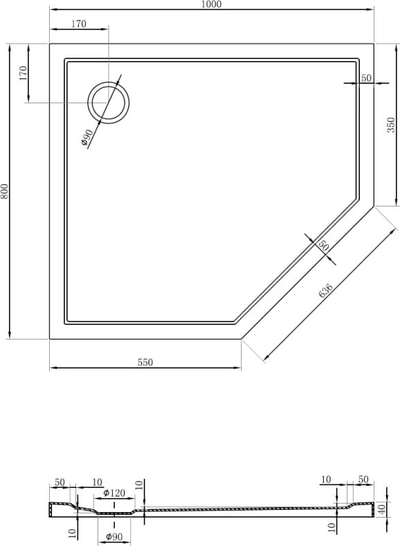 Mexen Flow pentagonale douchebak slim links 100 x 80 cm, wit glans - 46P108010L