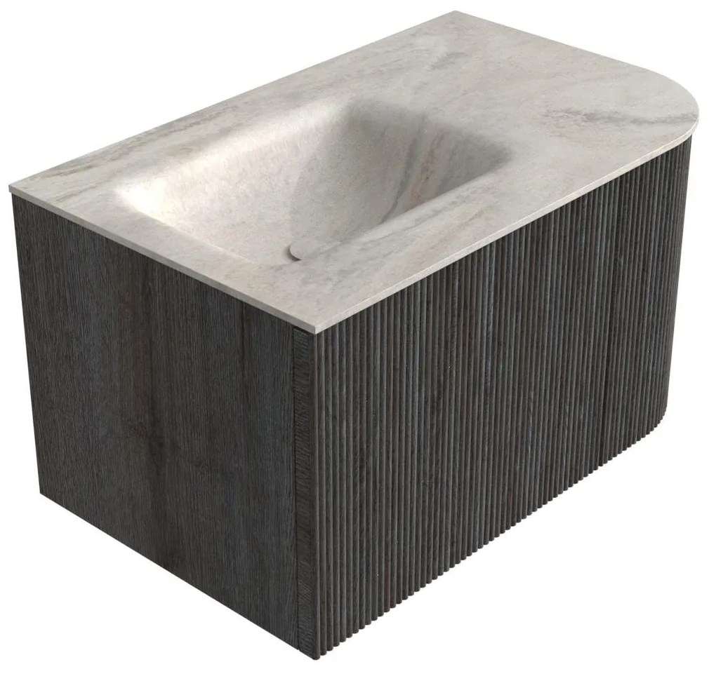 Mondiaz Kurve-dlux 75cm badmeubel ronding rechts shadow met 1 lade en deur en wastafel grunne links zonder kraangat ostra