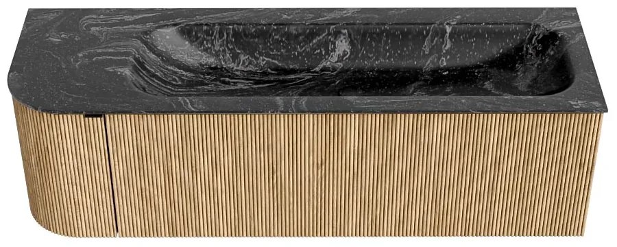 Mondiaz Kurve-dlux 145cm badmeubel ronding links oak met 1 lade en deur en wastafel big large rechts 2 kraangaten lava