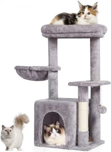 VEVOR Kattenboom voor binnenkatten, 80 cm kattentoren met kattenhuis, sisal krabpaal, hangmat, zitstok bovenaan, springplatform, kattenhuis met hangbal, kattenmeubel activiteitencentrum, lichtgrijs