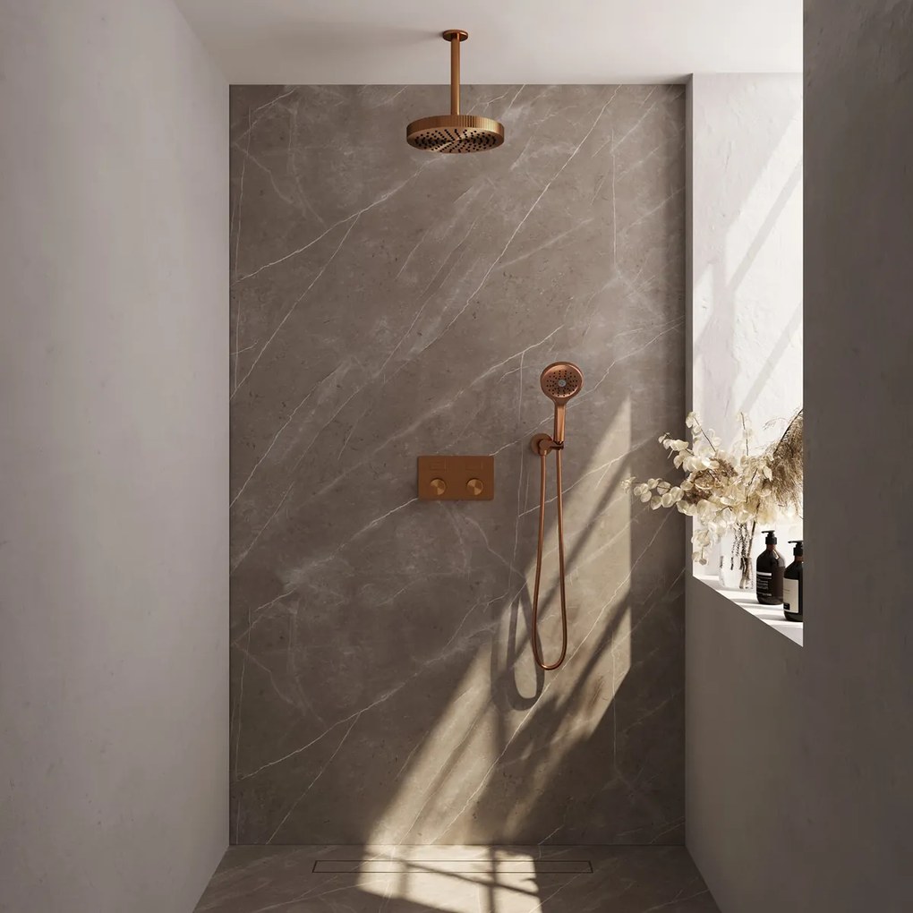 Brauer Stripe inbouw regendouche met 25cm hoofddouche, plafondarm en 3 standen handdouche set 30 koper geborsteld PVD