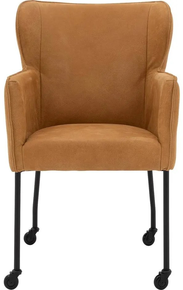 Goossens Excellent Eetkamerstoel Leogang cognac leer met armleuning en Zwart skater wiel met zwarte kapmet wielen, elegant chic