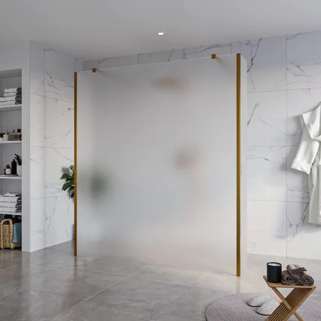 Fortifura Galeria Vrijstaande Inloopdouche - 180x200cm - Glas mat - antikalk - 8mm veiligheidsglas - 2 zijwanden 30cm - wandsteunen en hoekprofielen - Geborsteld koper PVD (Koper) SW927772 2x/SW797933/SW797931 2x/SW876703 2x