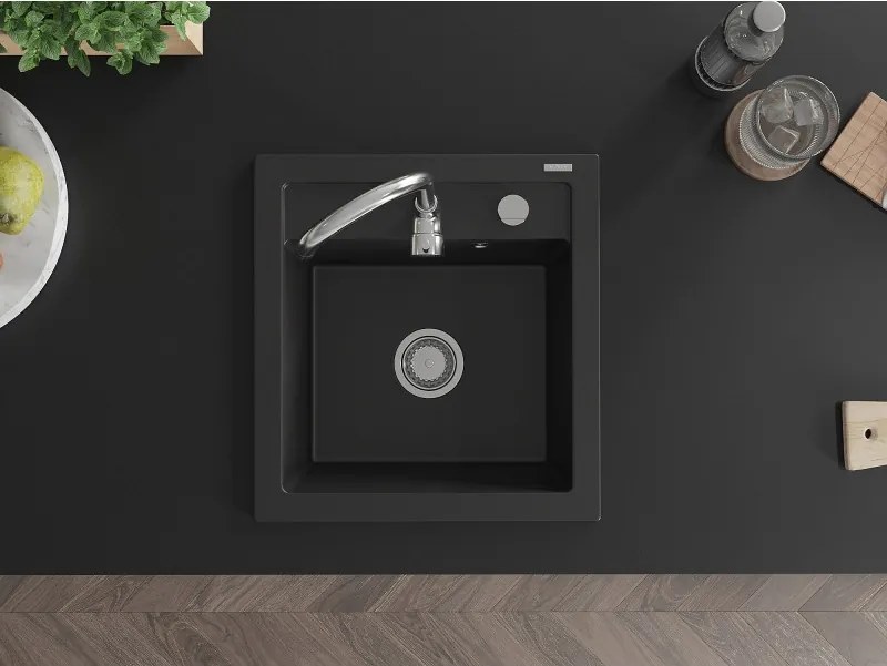Mexen Vito granieten gootsteen 1-kamerig 520 x 490 mm, zwart, chromen sifon - 6503521000-77