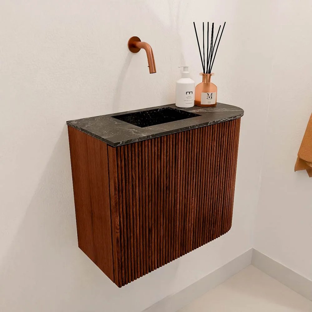 Mondiaz Joya DLux 50cm toiletmeubel ronding rechts ruby met wastafel faye links zonder kraangat lava