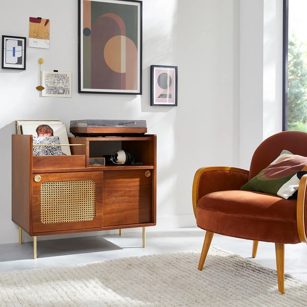 Vinylkast van notenhoutfineer en riet, Redpop