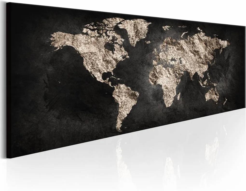 Schilderij - Geheimzinnige Wereld - Wereldkaart  , zwart beige