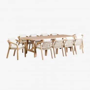 Rechthoekige Eettafelset 260x100 Cm Met 10 Acaciahouten Eetkamerstoelen Dubai Rustiek Acaciabruin & Stof Gardenia Wit - Sklum