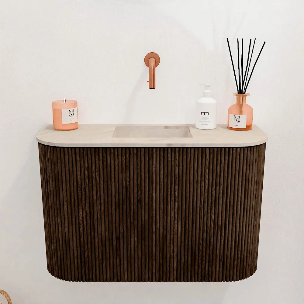 Mondiaz Joya DLux 65cm toiletmeubel ronding links/rechts walnut met wastafel faye midden zonder kraangat frappe