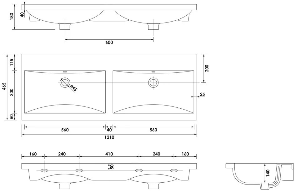 Brauer Halo wastafel keramiek 120cm zonder kraangaten wit glans