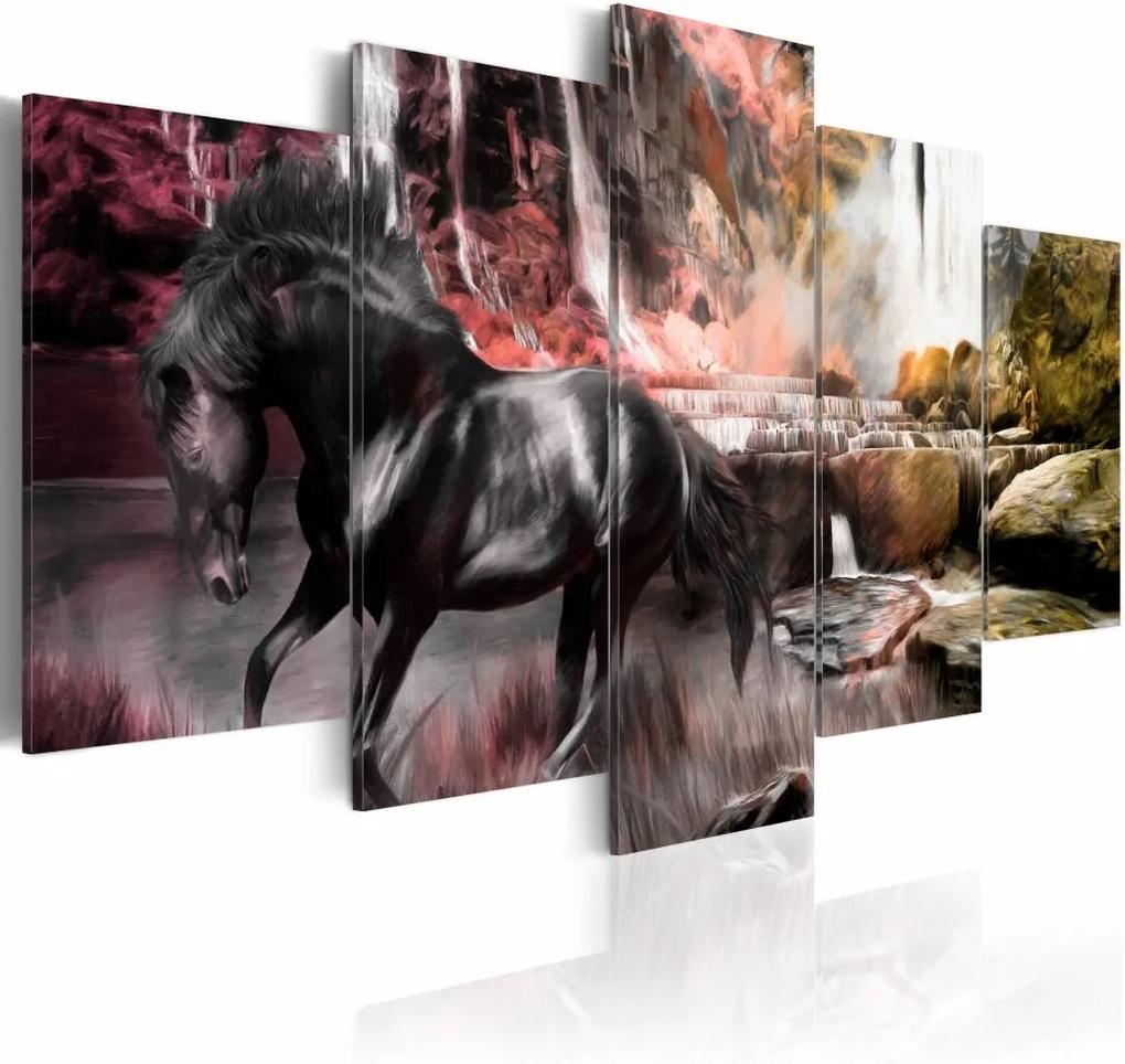Schilderij - Zwart Paard voor Waterval V,  5luik