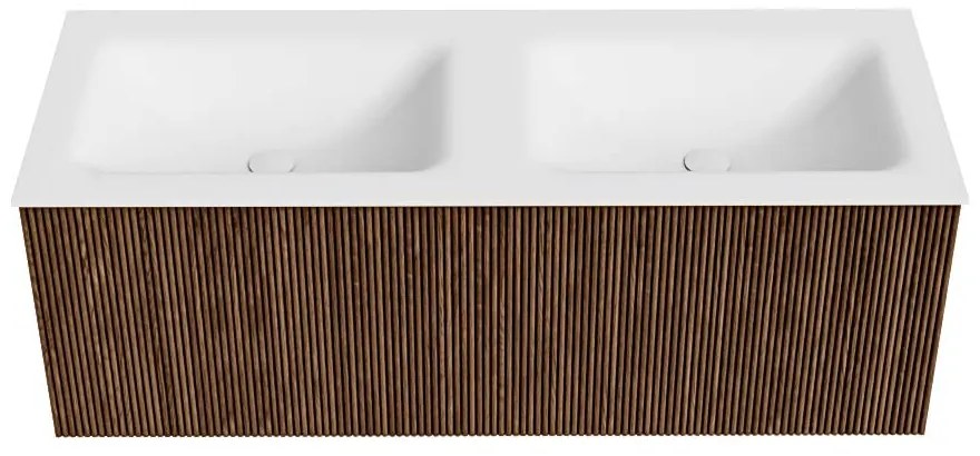 Mondiaz Kurve 120cm badmeubel walnut met 1 lade en wastafel cloud dubbel zonder kraangat