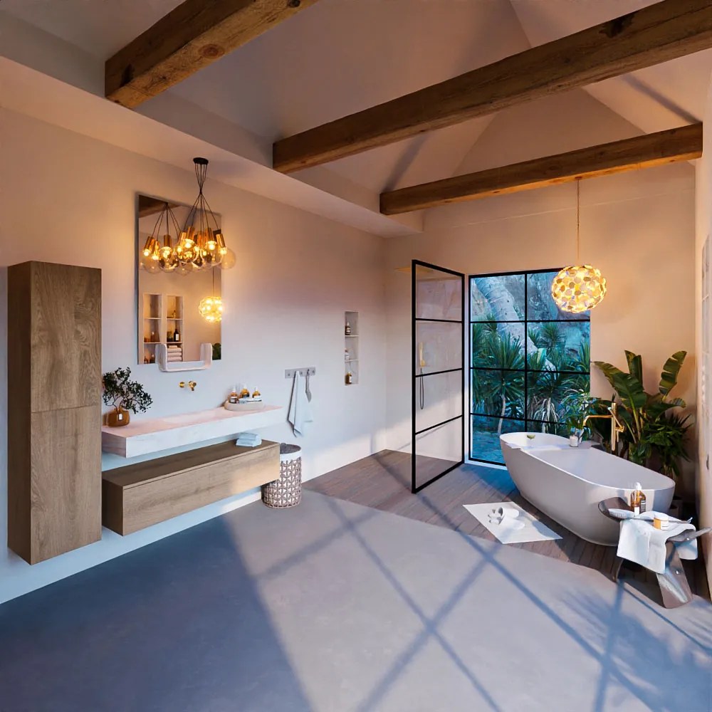 Mondiaz Alan DLux badmeubel 130cm washed oak 1 lade met wastafel ostra midden zonder kraangat
