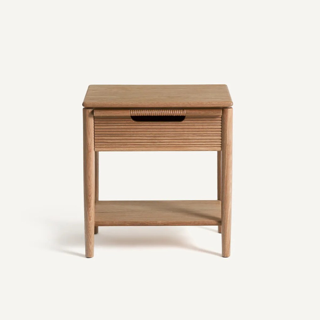 Nachtkastje met massief eikenhout, fineer en leren handvat Melaly