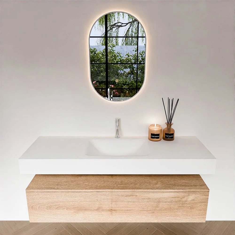 Zaro Alan badmeubel 140cm washed oak 1 lade met vrijhangende wastafel cloud midden 1 kraangat talc