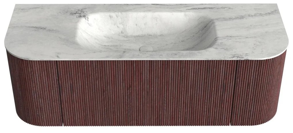 Mondiaz Kurve-dlux 130cm badmeubel ronding links/rechts ruby met 1 lade en 2 deuren en wastafel big small midden zonder kraangat opalo