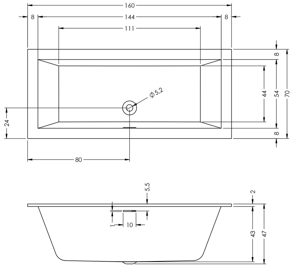 Riho Rethink Cubic inbouw ligbad 160x70cm wit glans met Fall overloop