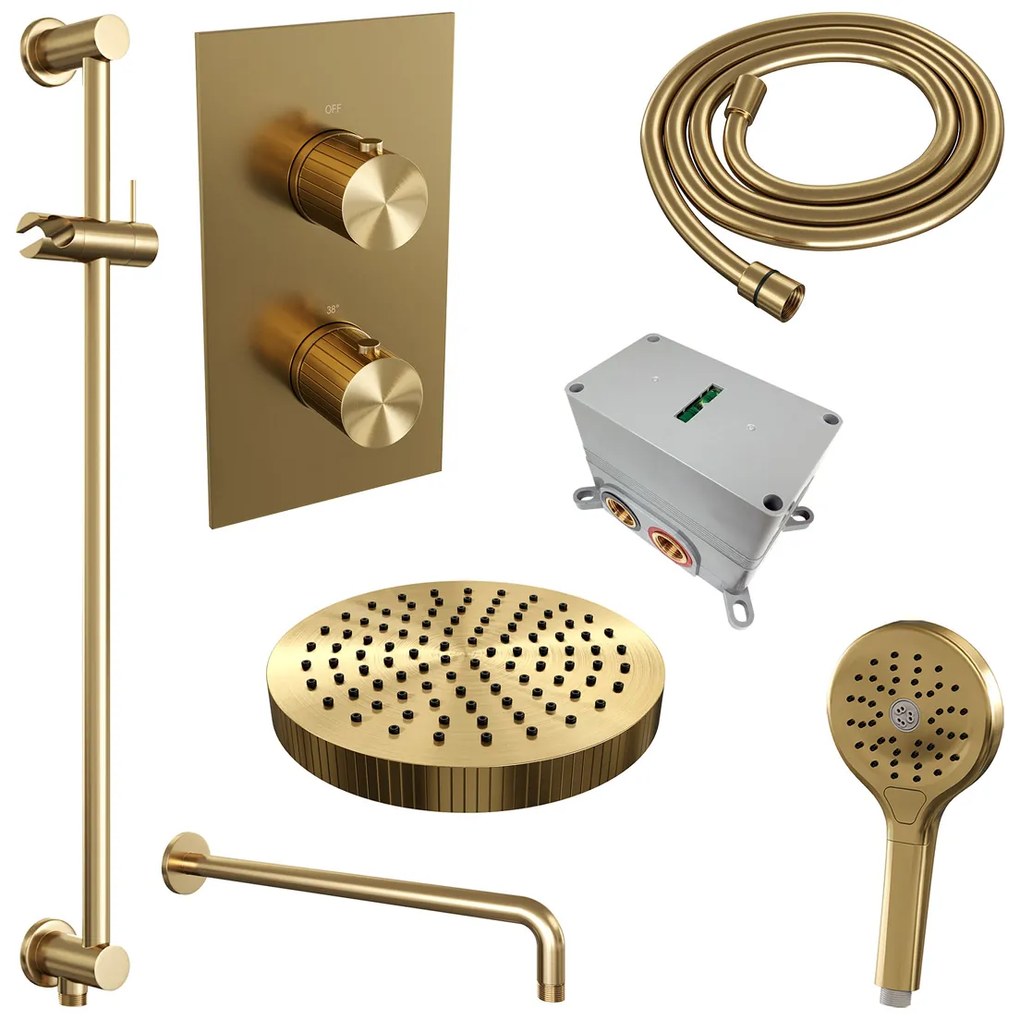 Brauer Stripe inbouw regendouche met 25cm hoofddouche, met gebogen muurarm, glijstang en 3 standen handdouche set 23 messing geborsteld PVD
