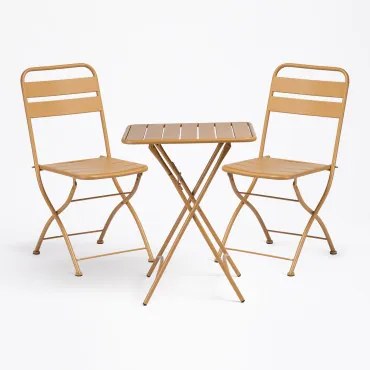 Janti Stalen Tuinset Met Vierkante Tafel 60x60 Cm En 2 Opvouwbare Stoelen Mosterd - Sklum