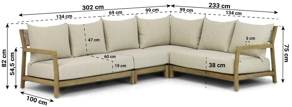 Hoek loungeset 6 personen Teak Old teak greywash  Santika Furniture Santika