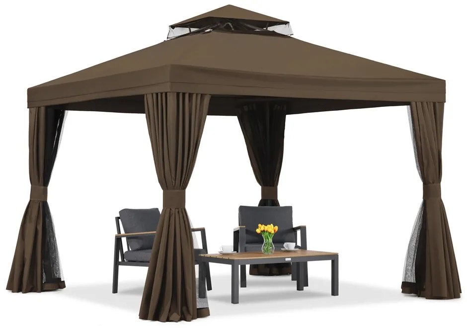Tuinpaviljoen met klamboe en gordijnen Valencia 3x3 bruin Tuinpunt