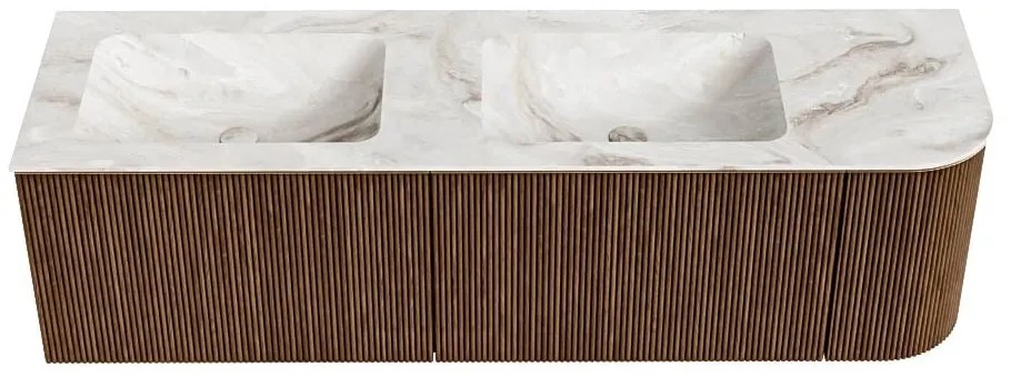 Mondiaz Kurve-dlux 155cm badmeubel ronding rechts walnut met 2 lades en 1 deur en wastafel leaf dubbel/links 2 kraangaten frappe