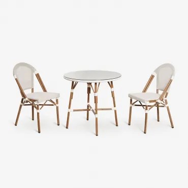Set Ronde Tafel Ø80 Cm En 2 Stapelbare Eetkamerstoelen In Aluminium Brielle Bistro Gardenia Wit - Sklum