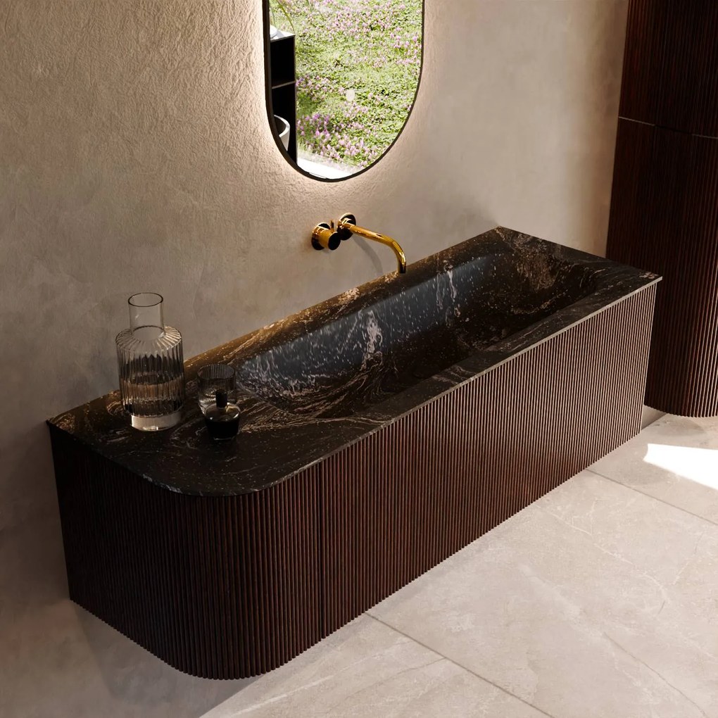 Mondiaz Kurve-dlux 135cm badmeubel ronding links ruby met 1 lade en deur en wastafel big medium rechts zonder kraangat lava
