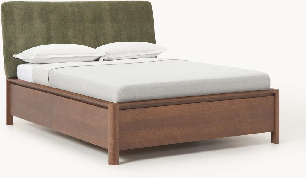Houten bedframe Santiago met gestoffeerd hoofdeinde en lades