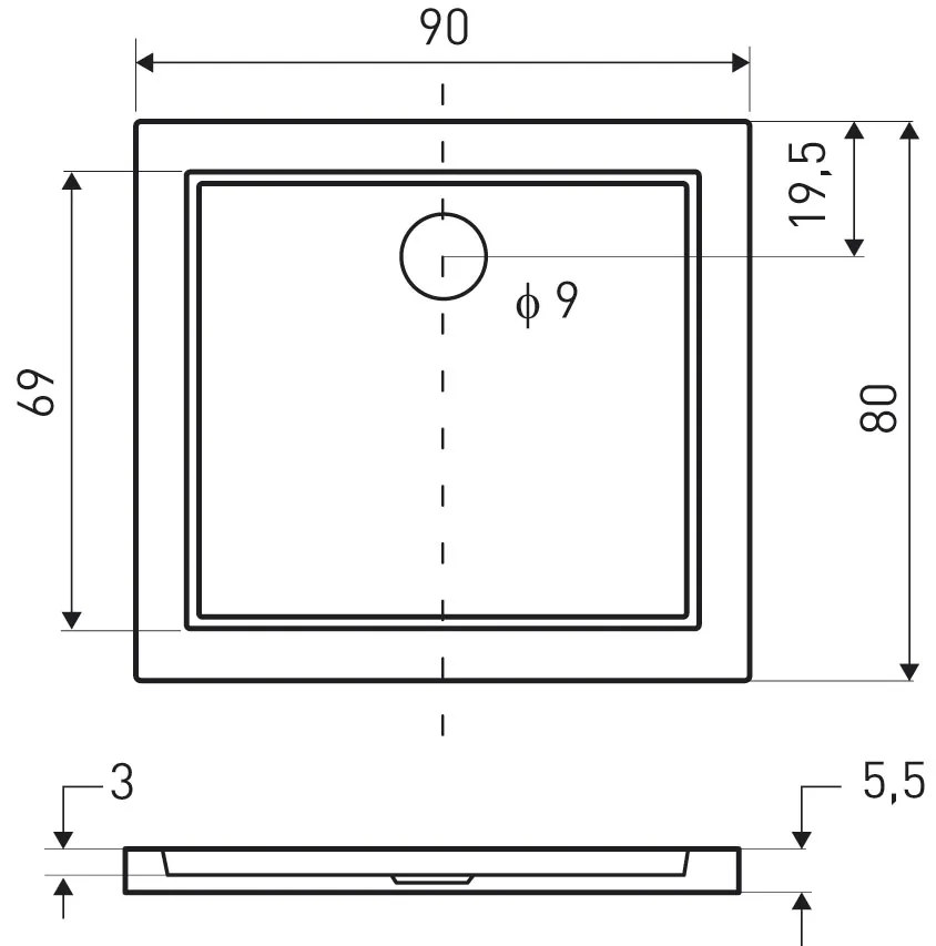 Kerra Oskar douchebak rechthoekig 90x80x5.5cm wit