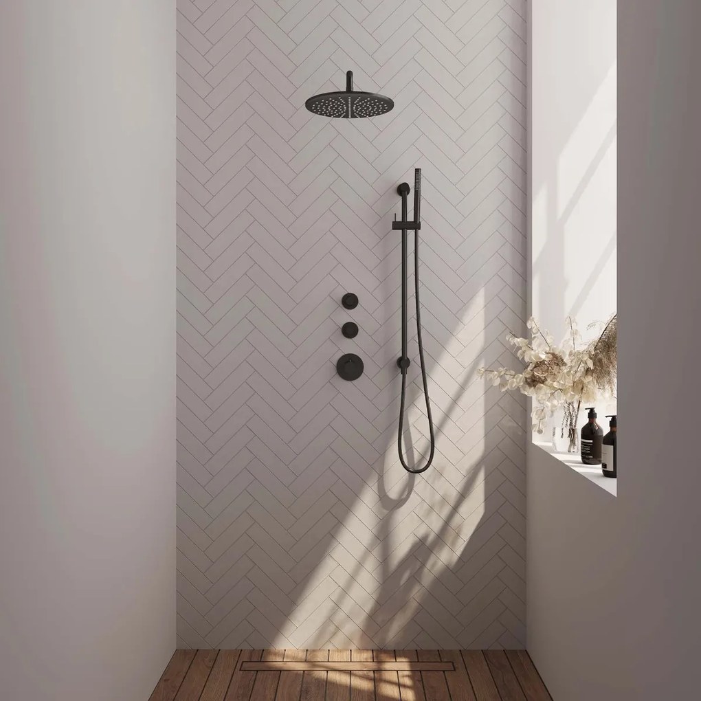 Brauer Black Edition complete inbouw regendouche met staafhanddouche, gebogen wandarm, glijstang en hoofddouche 30cm set 16 zwart mat