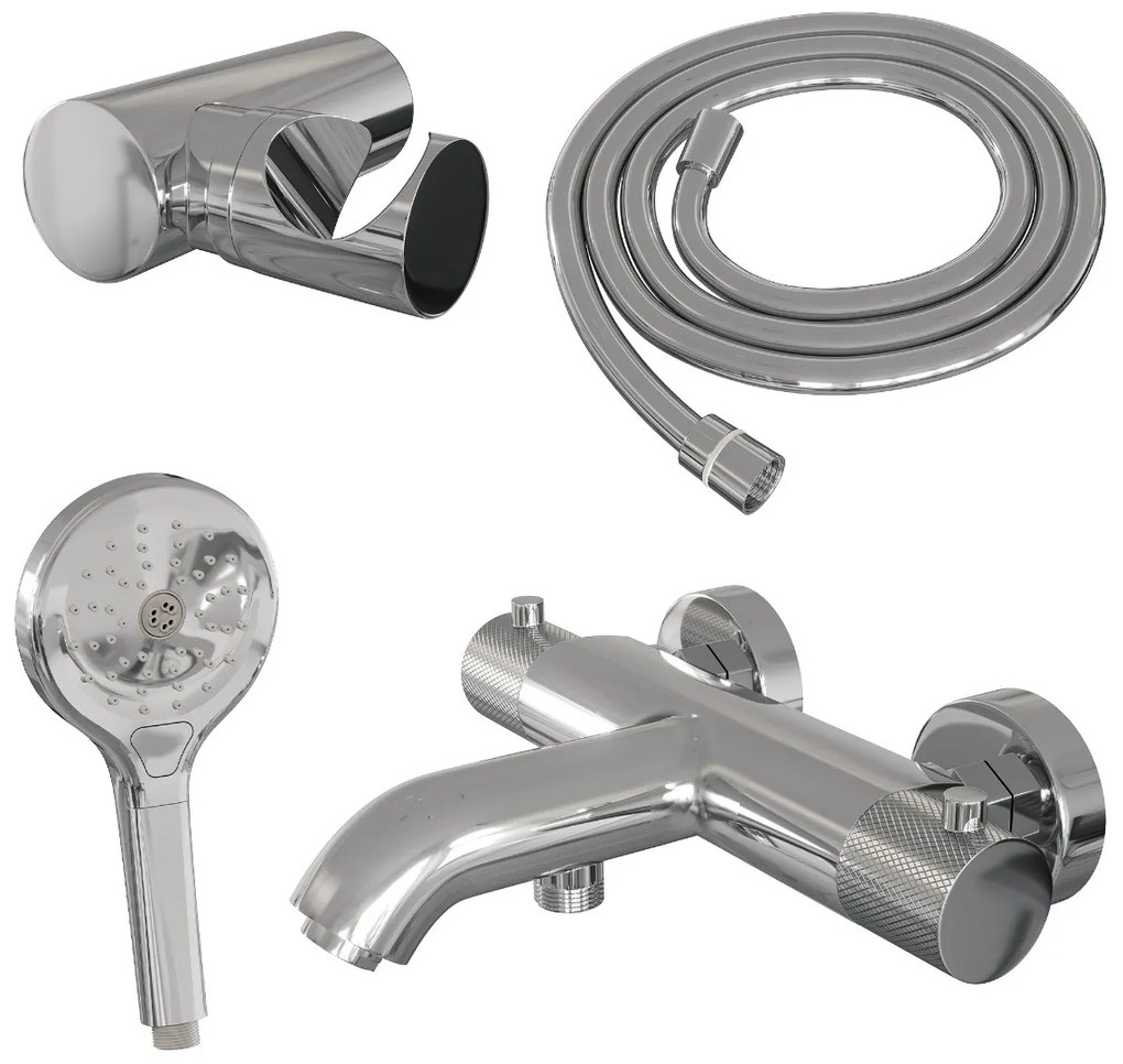 Brauer Chrome Carving thermostatische badkraan met wandhouder en 3 standen handdouche chroom