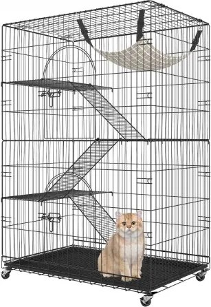 VEVOR Kattenkooi met 4 niveaus en 2 deuren Kattenverblijf 900x600x1330mm Kooi voor kleine dieren van ijzer met geverfd oppervlak Knaagdierkooi met 3 ladders Ideaal voor katten en andere kleine dieren