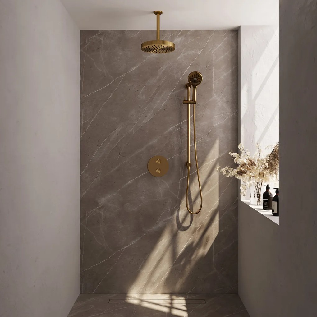 Brauer Stripe inbouw regendouche rond met 25cm hoofddouche, rond met plafondarm, glijstang en 3 standen handdouche set 48 messing geborsteld PVD
