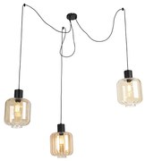 Design hanglamp zwart met amber glas 3-lichts 226 cm - Qara