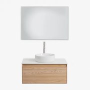 Tedrik Badkamermeubelset In Essenhout Ash Brown & Rond Keramiek Wit Ø40 Cm Lenka & Rechthoekige Led En Anticondens 100x70 Cm Tamsin & - Sklum