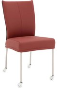 Goossens Eetkamerstoel Funk RVS Poten rood leer leuning en Transparant skater wiel met rvs kapmet wielen, modern design