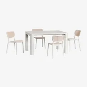 Arnadine Rechthoekige Tafelset (140x100 Cm) En 4 Omara Stapelbare Tuinstoelen Gardenia Wit - Sklum