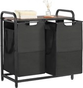 VEVOR Wasmand met houten tafelblad, wassorteerder met 2 uitschuifbare zakken (600D Oxford-stof) en metalen frame, wassorteersysteem voor vuile was Badkamer Zwart