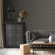 DUTCH WALLCOVERINGS Behang Hexagonal zwart en goudkleurig