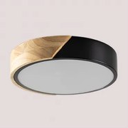 Ronde Led Plafondlamp Van Ijzer Jan Zwart – Natuurlijk Hout & Ø23 Cm - Sklum