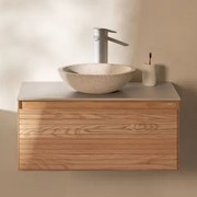 Tedrik Badkamermeubelset In Essenhout Ash Brown & Rond Cement Wit Ø40 Cm Zavion & Spiegelloze & Wit ↑30 Cm Met Aftapkraan Zonder Overloop Alameda -