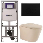 QeramiQ Dely Toiletset - 36.3x51.7cm - diepspoel - rimless - Geberit UP320 inbouwreservoir - softclose toilet zitting 35 mm - kunststof mat zwarte bedieningsplaat - ronde knoppen - mat beige SW1000764/SW1000771/0701131/SW706188